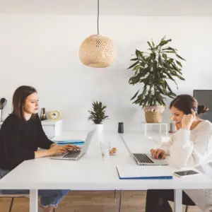 To kvinder arbejder med kvalitetsstyring hjemmefra, da de har større mulighed for det med et online kvalitetsstyring på SharePoint. De to kvinder sidder overfor hinanden ved et hvidt bord i et lyst rum med en grøn plante.